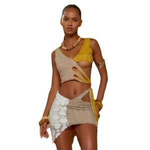 REMAKE 2PC MINI/ HALTER HOLLOWED OUT GREY & YELLOW FESTIVAL RAVE SET